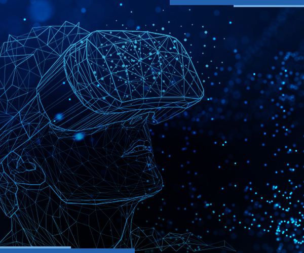 Blue digital illustration of person using XR technology