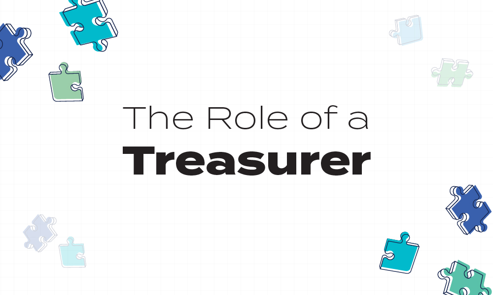 Graphic of puzzle pieces with words of "The Role of a Treasurer" on it