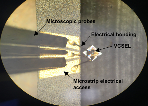 Microscope view of the 850-nm VCSEL electrical connection.