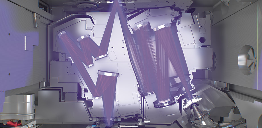 This illustration shows the full light path from EUV source to silicon wafer